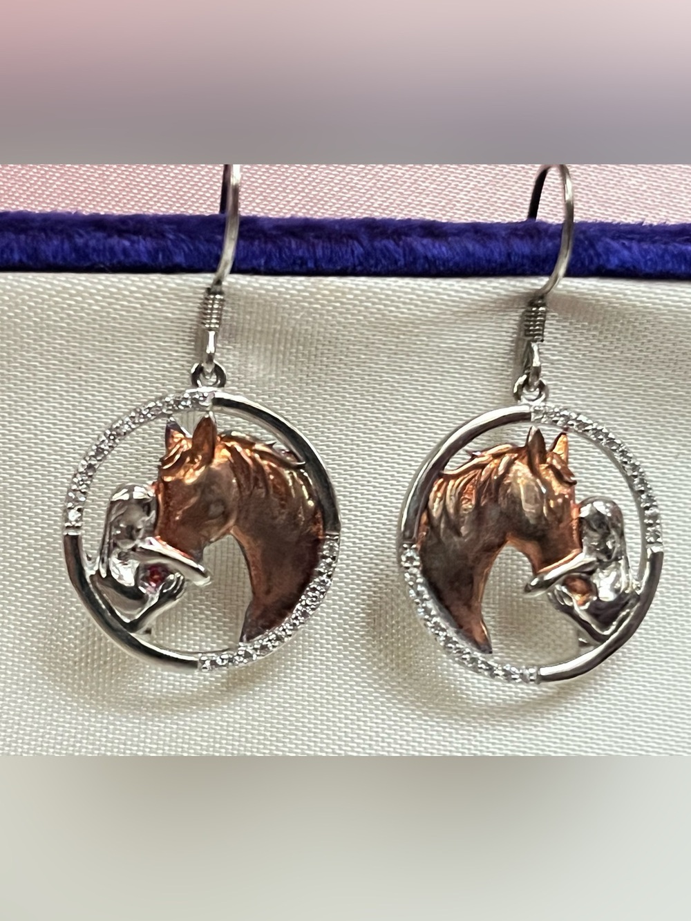 Sterling Silver, Copper & Crystal Horse Head Drop Earrings